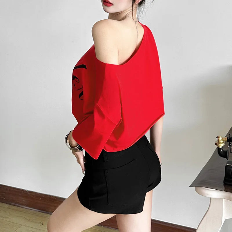 Letter Print Oversized Tees Women Skew Collar Off Shoulders Short Sleeves T-shirt Irregular Hem Hip-hop Style Trend Crop Tops