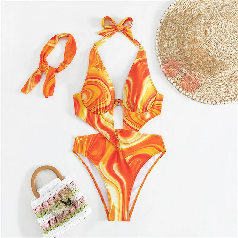 Orange Tie Dye Gradient One Piece Swimsuit 2025 Women Hollow Out Underwire Backless Monokini Beach Bathing Suit Band Swimwear