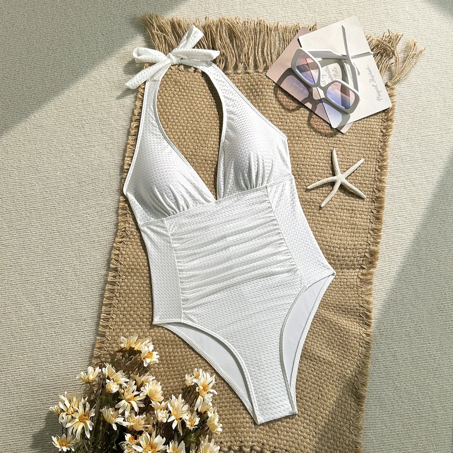 New Deep V Neck One Piece Swimsuit 2026 Women Orange White Pleate Tummy Control Swimwear Beach Holiday Bathing Suit Monokini