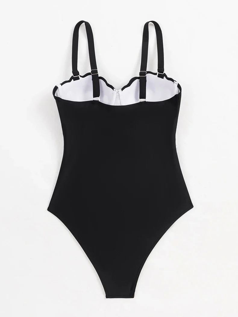 Sexy Black Knitted Patchwork One Piece Swimsuit 2026 Ruffles Push Up Underwire Slim Tummy Control Swimwear Beach Bathing Suits