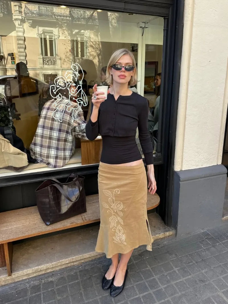 Trendix Women's Vintage Midi Skirt 2026 Summer High Waist Slim Ruffle Fishtail Skirts Party Side Slit Elegant Embroidery Skirt