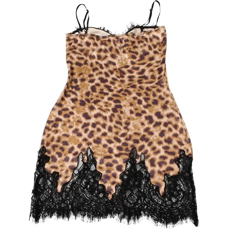 JULISSA MO Patchwork Printed Leopard Lace Women Mini Dress Spaghetti Strap High Waist Dress Summer Slim Elegant Party Club Dress