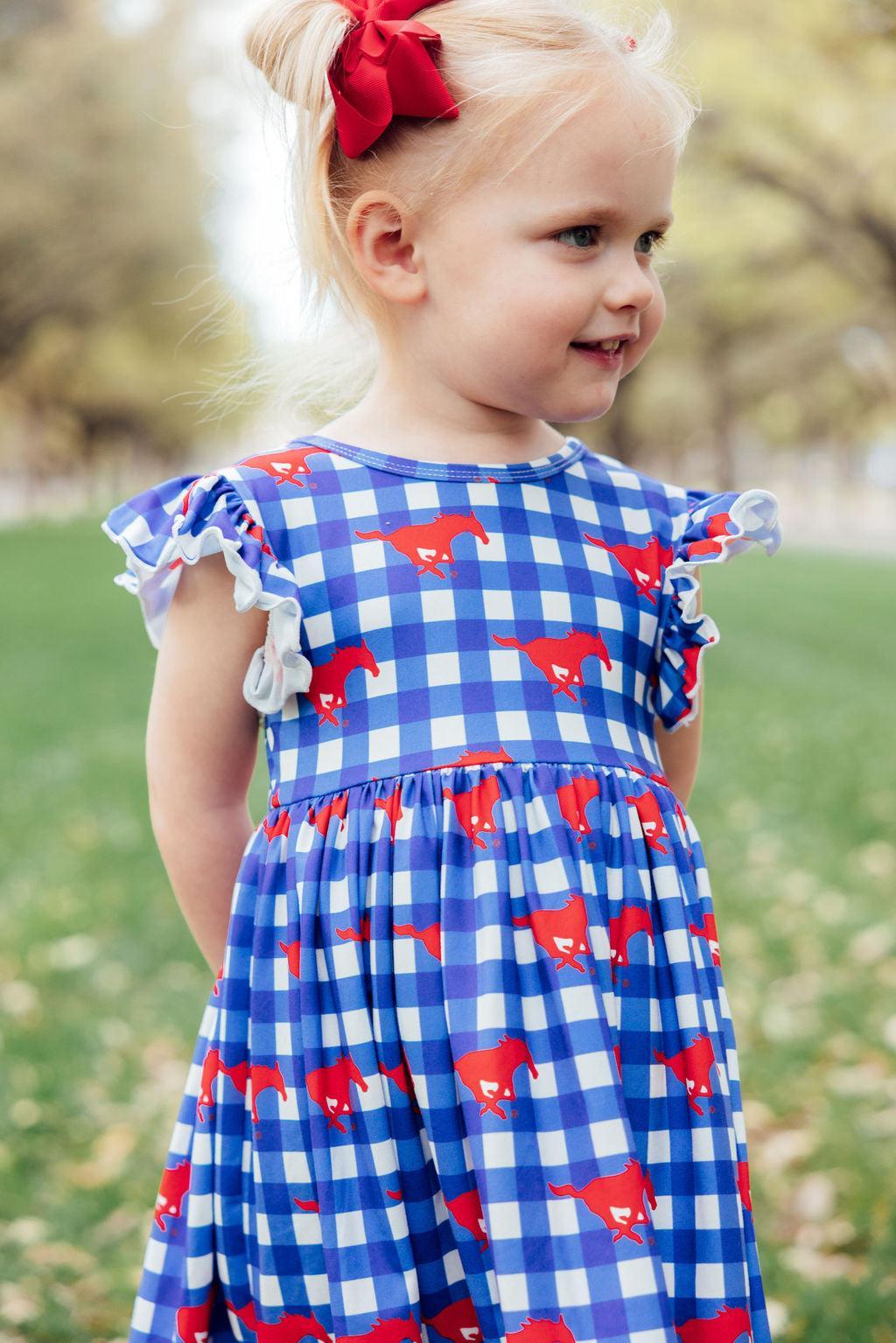 SMU Plaid Mustang Flutter Twirl Dress