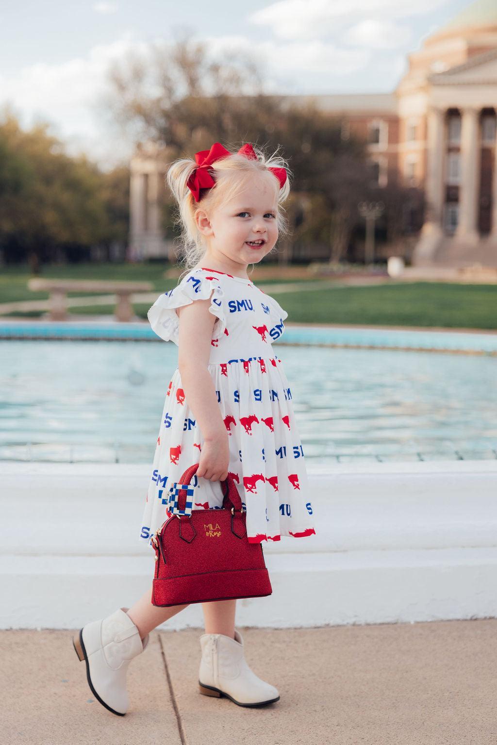 SMU White Mustang Flutter Twirl Dress