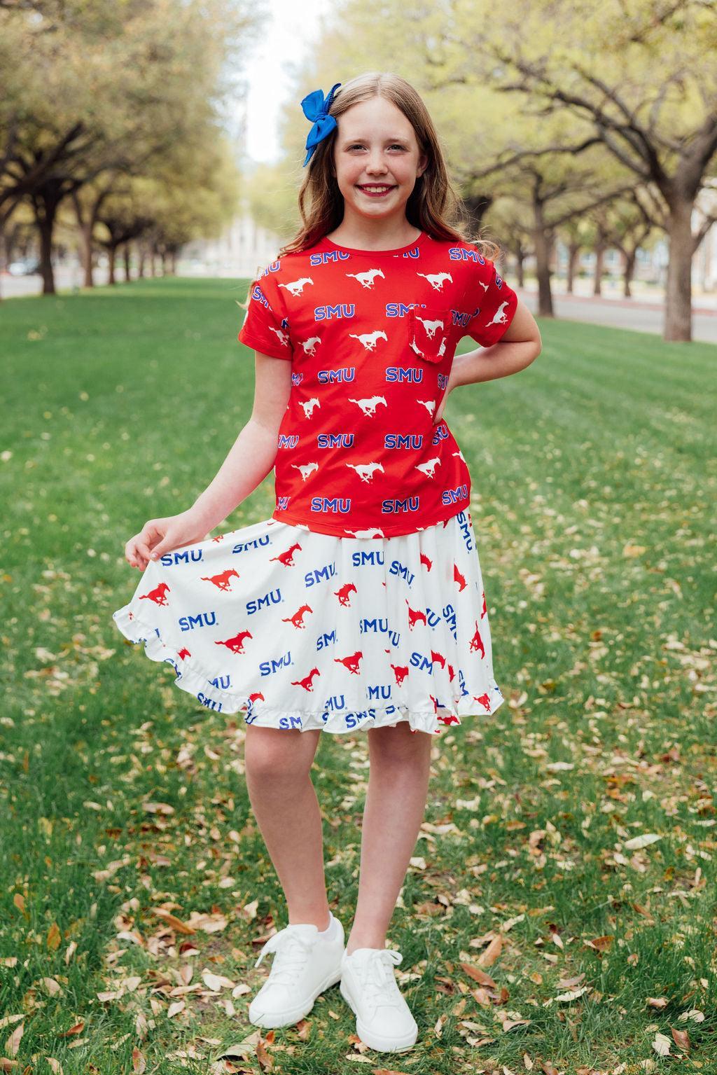 SMU White Mustang Ruffle Twirl Skort