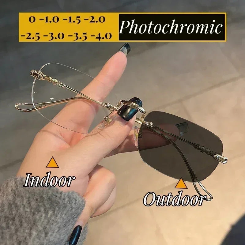 New Fashion Photochromic Myopia Glasses Vintage Rimless Square Women Men Anti Blue Light UV Sunglasses Optical Diopter Eyewear