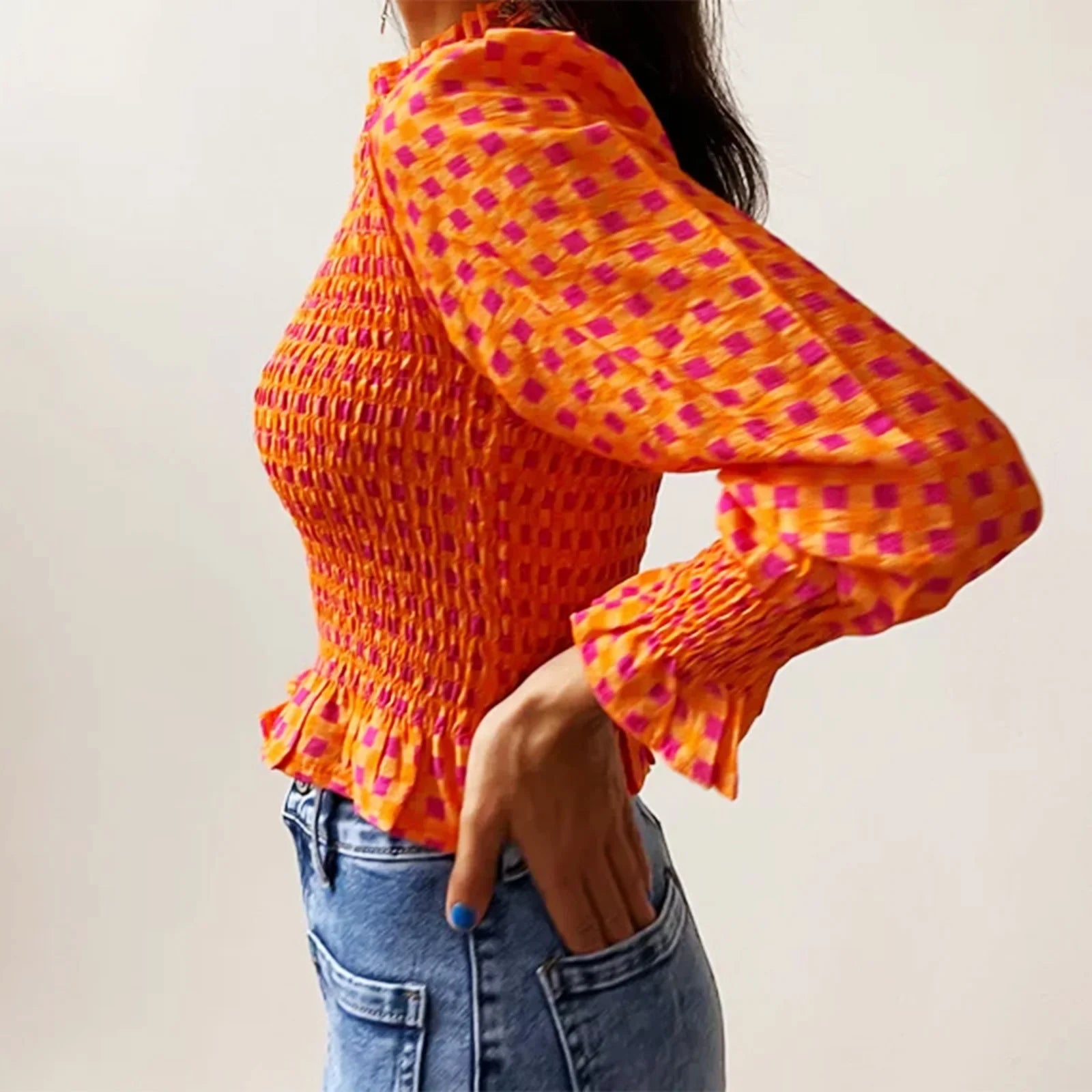 Women Fashionable Casual Round Neck Smocked Bubble 3/4 Sleeve Tops Summer Fall Plaid Print Ruffled T-shirts