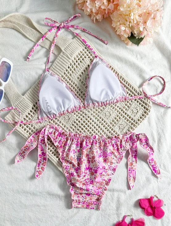 Cute Orange Floral Print Bikini Set Women Halter Ruffles Push Up Tie Side Thong Swimsuit 2026 Summer Bathing Suit Micro Swimwear