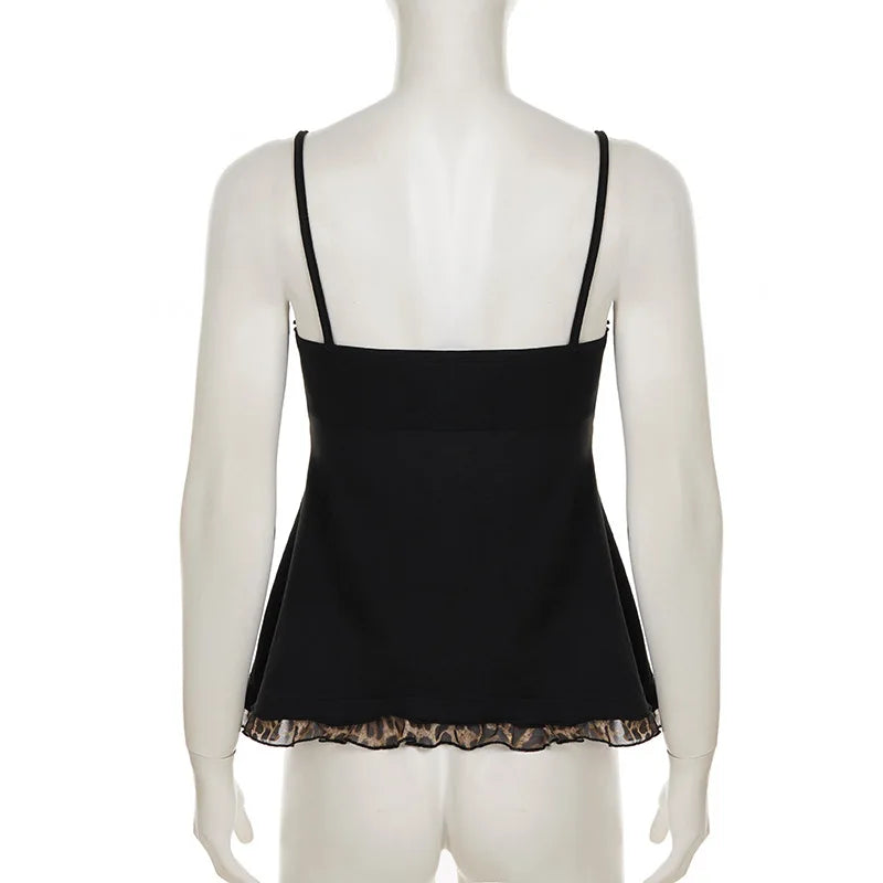American Hotsweet Y2k Leopard Camisole Women Retro Streetwear E-girl 90s Dark Gothic Sexy Patchwork Lace-up Crop Tank Top Femme