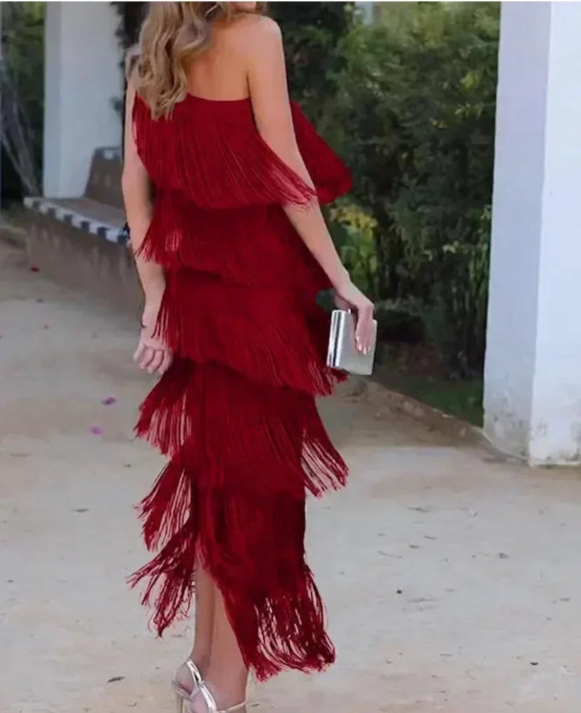 Spring and Summer New Fashion Fringed Slanted Shoulder Asymmetrical Dress for Women