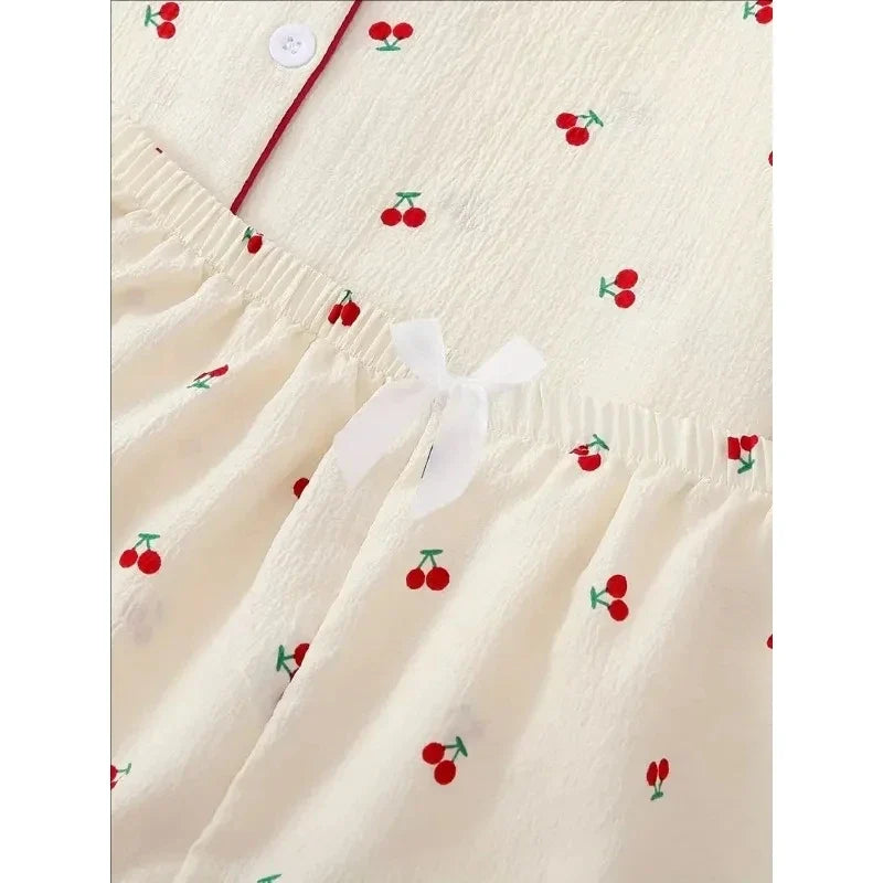 Cherry Print Textured Pajama Set Cute Short Sleeve Buttons Lapel Top & Elastic Shorts Women's Sleepwear