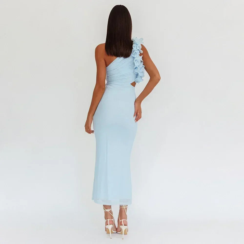 Articat Elegant Sleeveless Slant Shoulder Flower Dress Women Spring/Summer 2025 Sexy Mesh Wrap Hip Dress Party Evening Dress