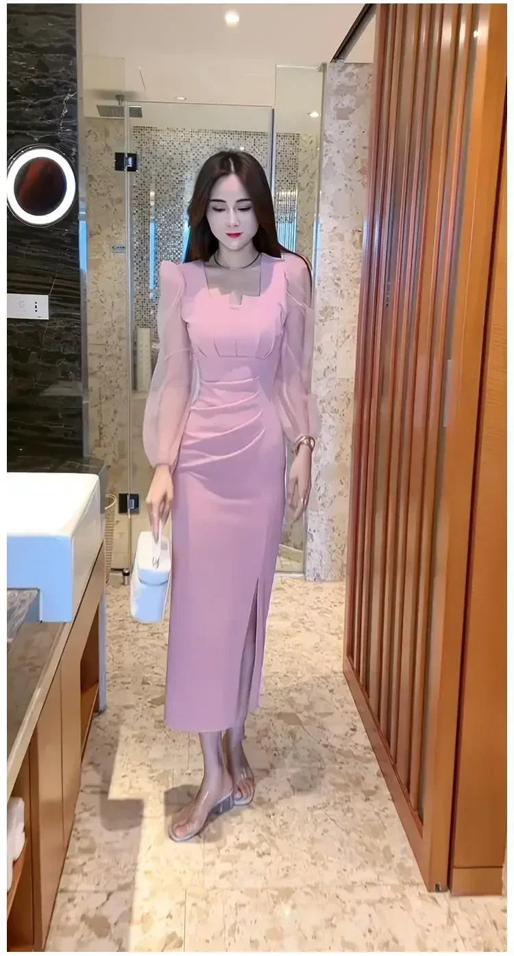 Gentle Temperament Slim Fit Dress with Women's Sleeves Square Neckline Pleated Solid Color Slimming Effect Medium Length Skirt