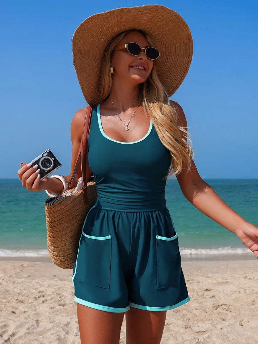 Black White Patchwork Swimwear Women 2026 Sport U Neck Pleate Pocket Tummy Control One Piece Swimsuit Beach Holiday Bathing Suit