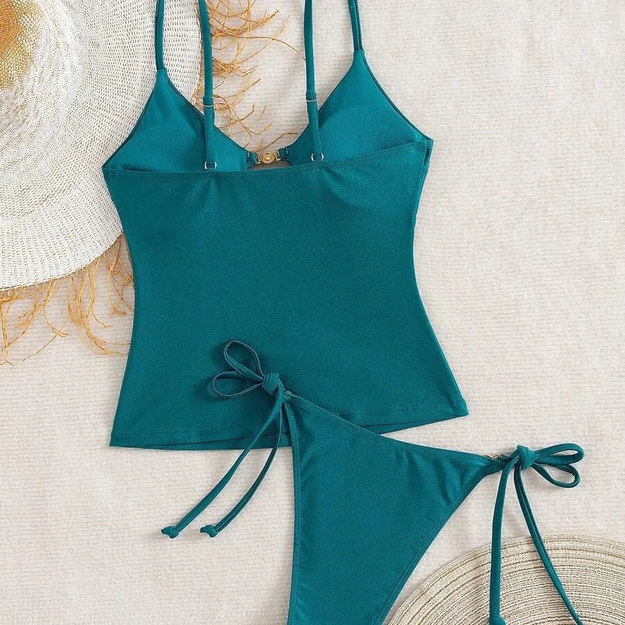 2026  Women's Beachwear Summer Music Festival Thin Strap Metal Beachwear Knitted Top Five-Quarter Pants Elastic Waist Design