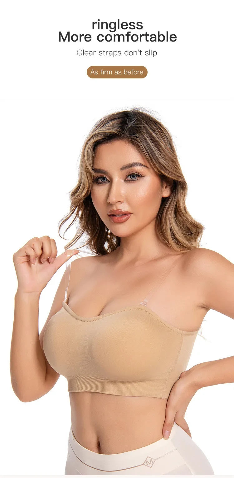 Women's Strapless and Wire-free Bandeau Bra with Full Cup Thin Mold Padding Non-slip Silicone Seamless Bra Plus Size Underwear