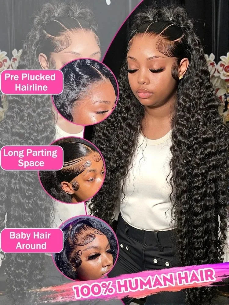 Deep Wave 44 Inch Curly 13x4 HD Transparent Lace Frontal Wigs Human Hair Front Wigs Pre Plucked With Natural Hairline For Women