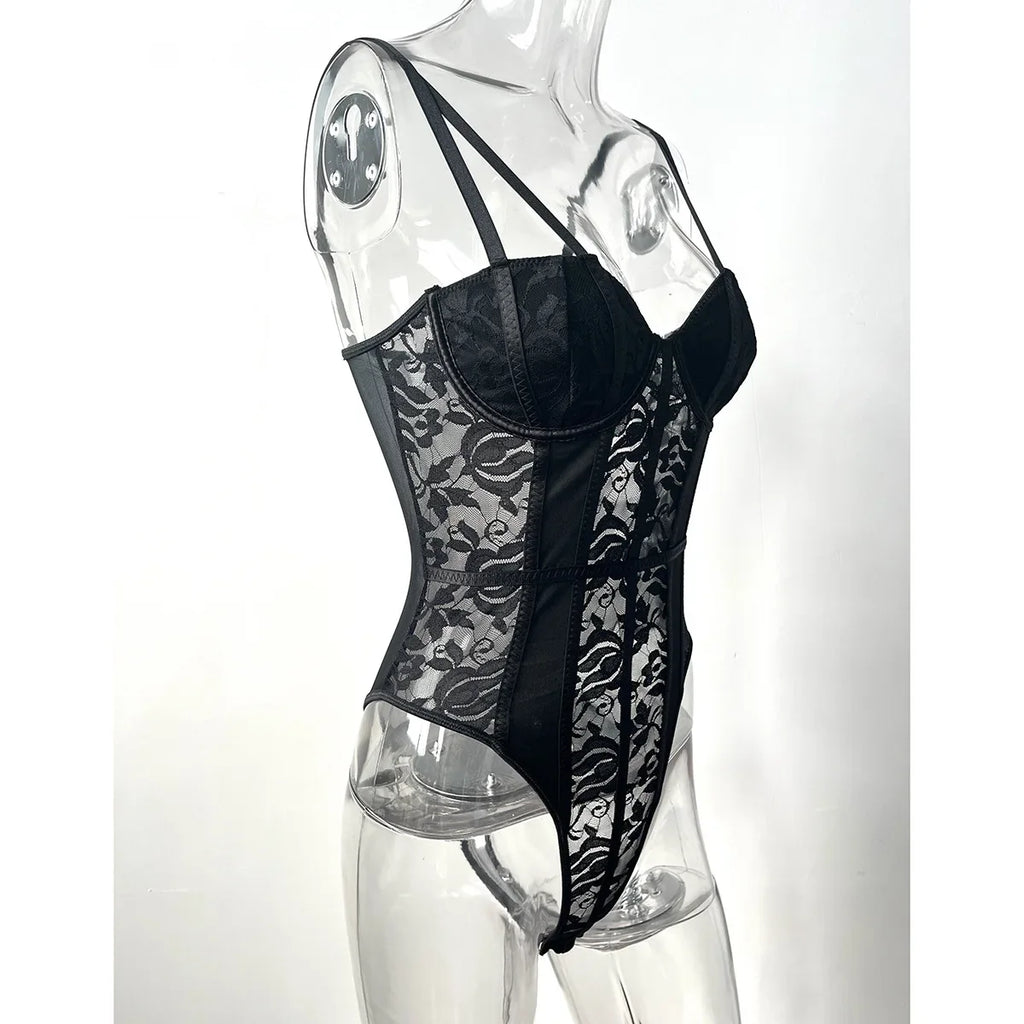 Sexy Lace Bodysuit for Women Bodies Elegant Women's Top 2025 New Summer Solid Bodycon Ribbed Bodysuits