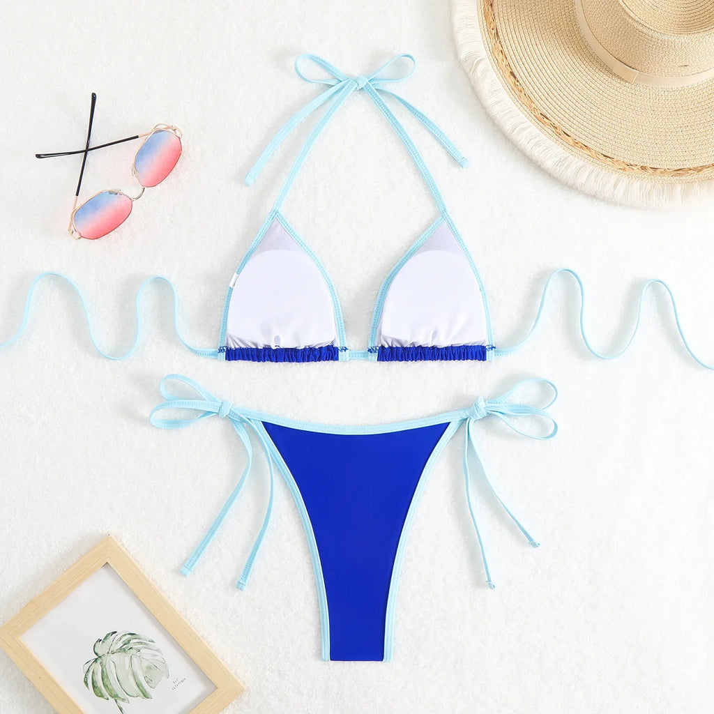 Sexy Micro Bikini 2025 Women Pink Blue Contrast Push Up Tie Side Thong Swimsuit Brazilian Beach Bandage Bathing Suit Swimwear