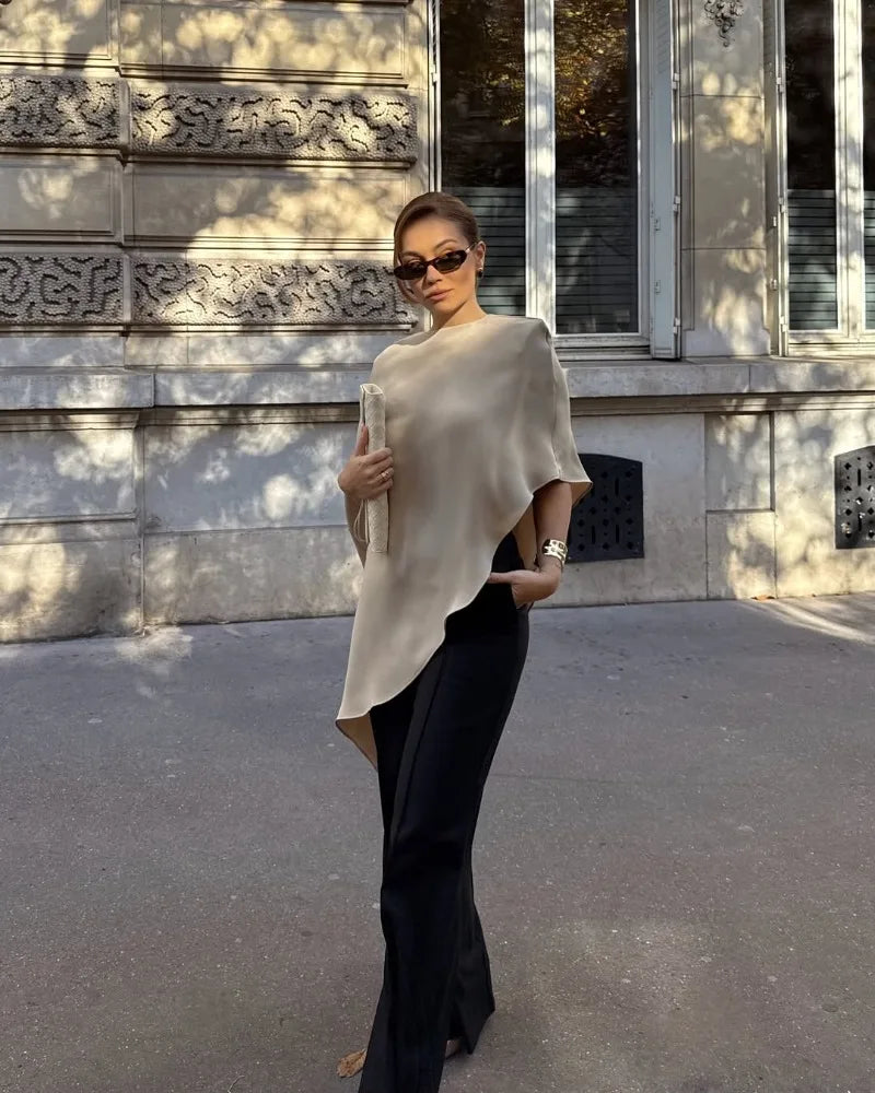 Trendix White Asymmetrical Cover Up For Women Fashion Ruffle Hem Loose Short Sleeve Shirts Casual Elegant Commuting Pullover Top