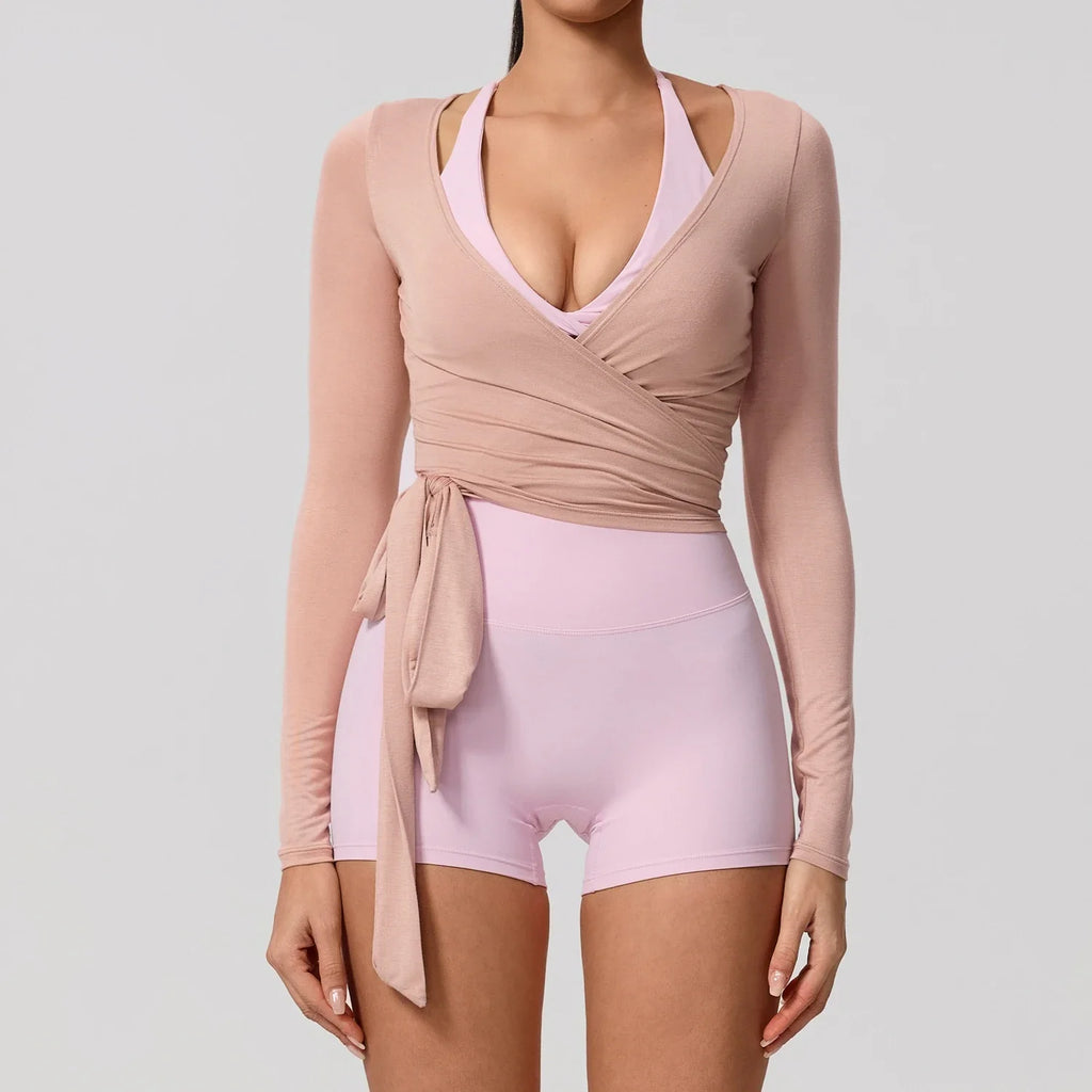 Hearuisavy Summer Women's Yoga Shirt Long Sleeve Sportswear Gym Breathable Quick Dry Sports Top Pilates Dance Ballet Wrap Tops