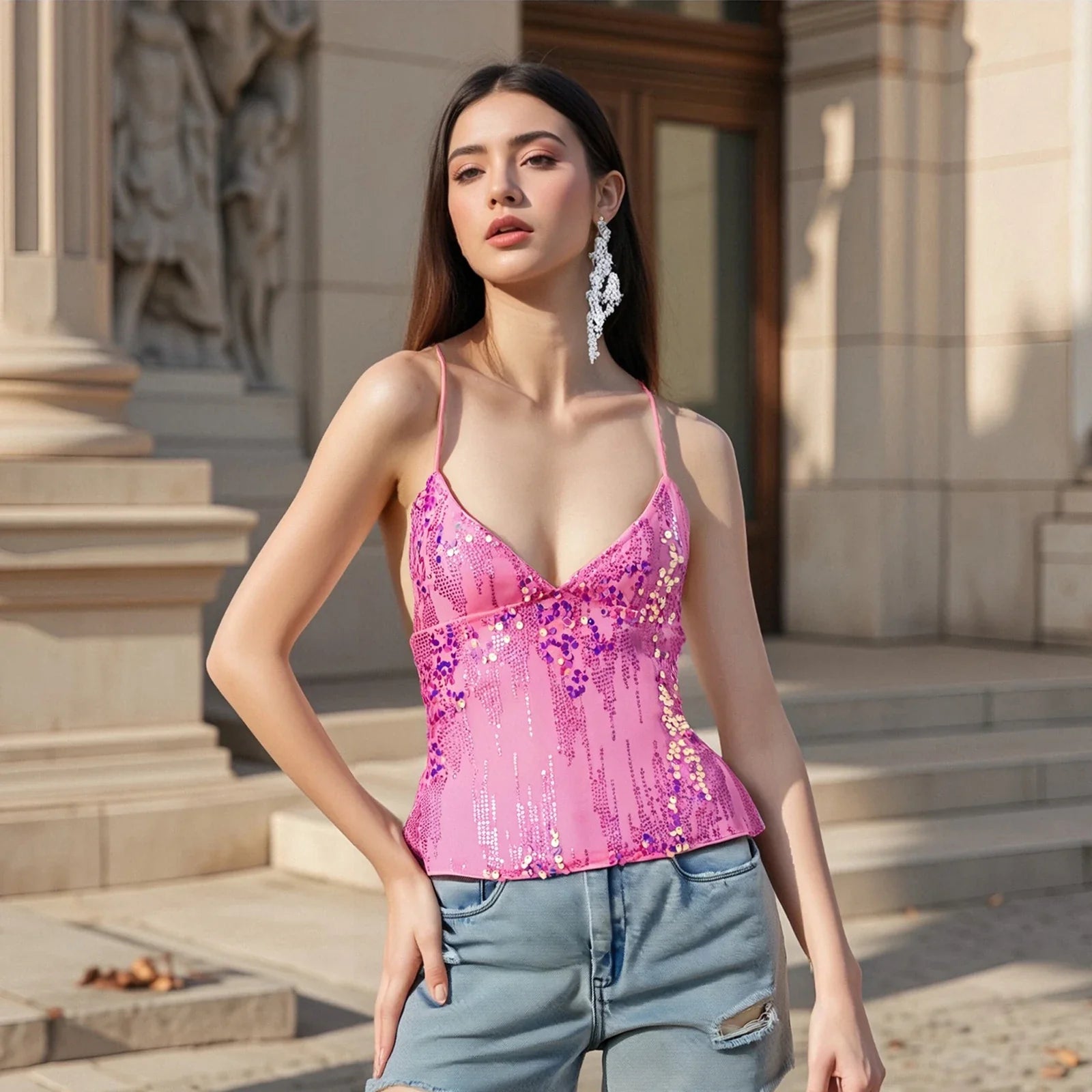Women's Summer Deep V Neck Sequin Tank Tops Summer Fashionable Backless Sleeveless Spaghetti Strap Slim Fit Camisole