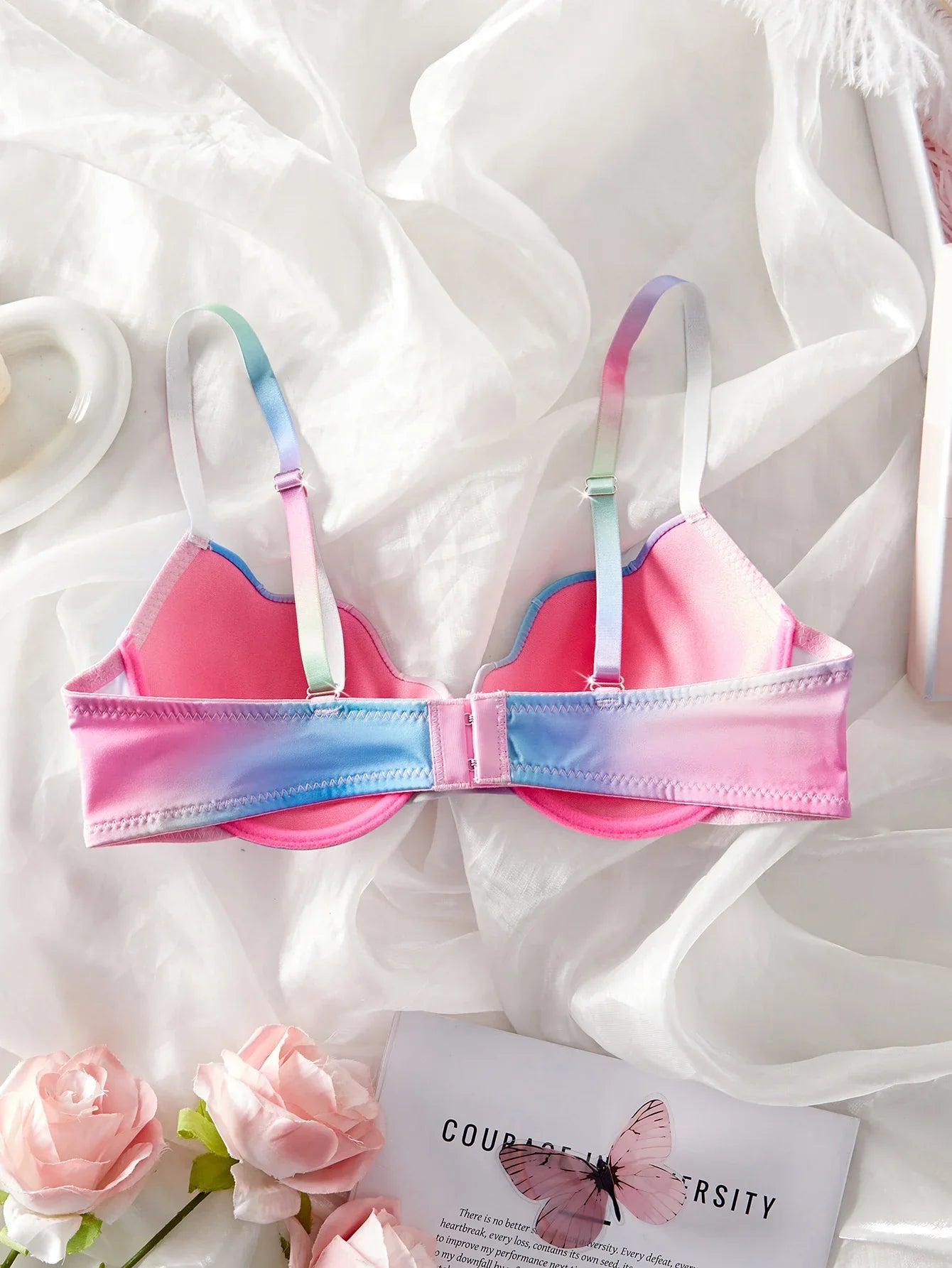 Women's Pastel Gradient Push up Bra Vertical Rib Shell Thin Cup Sexy Bra Comfort Underwire Lingerie Top