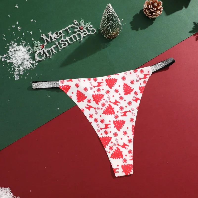 4Pcs Christmas Print Underwear Breathable Shiny Belt Thong Women Skin-friendly Fashionable Casual Christmas Gifts