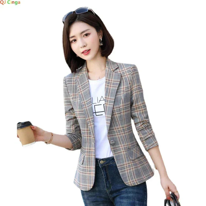 Gray Striped Plaid Blazer Jacket Women's Fashion Slim Coats V-Neck Single Button Ladies Blazers S-XXXXXL