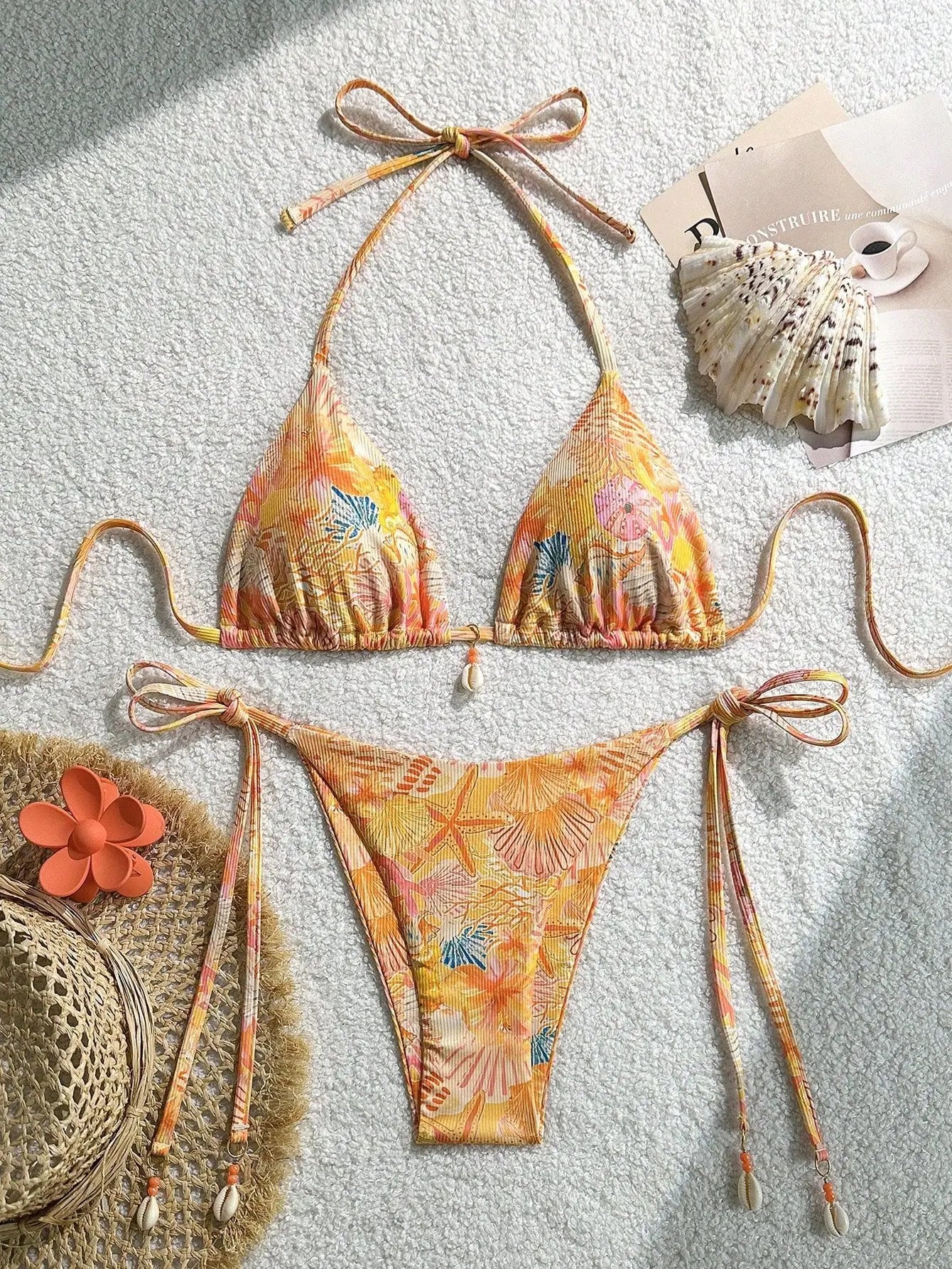 Sexy Orange Leaves Print Micro Bikini 2025 Women Shell Ornament Push Up Bra Bandage Thong Swimsuit Holiday Bathing Suit Swimwear