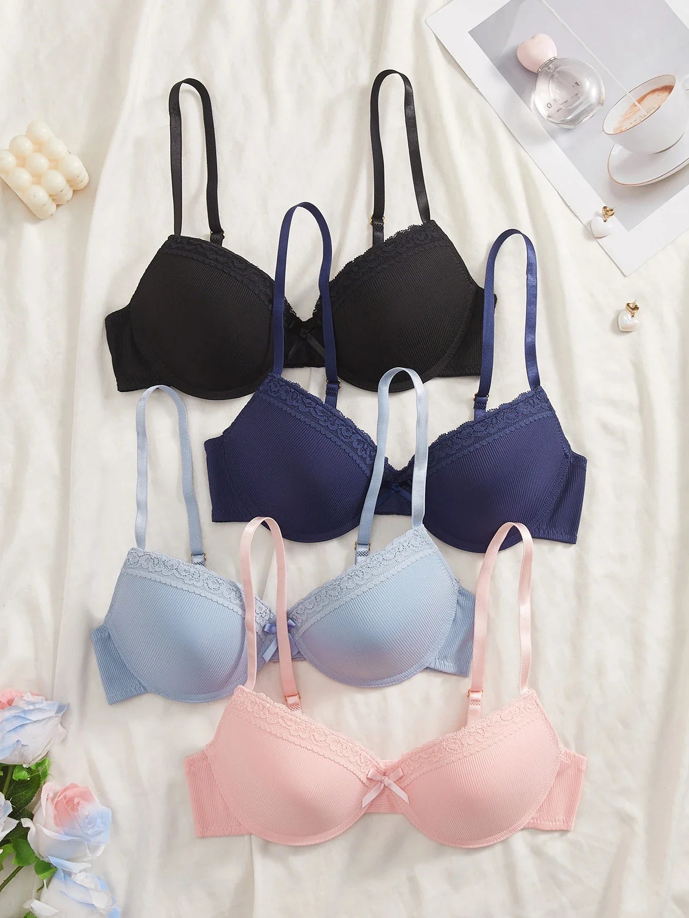 4PCS Daily Lace Trim Women's Underwear Set Bow Ribbed Push up Underwire Bra Comfortable Stylish Women's Bra