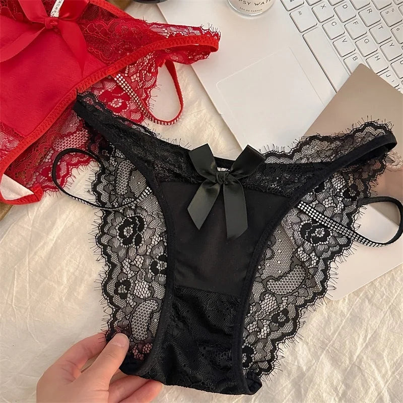 Girls Sexy G String Lace Panties Women Rhinestones Underwear Briefs Hollow Out Thong Transparent Lingerie Intimates