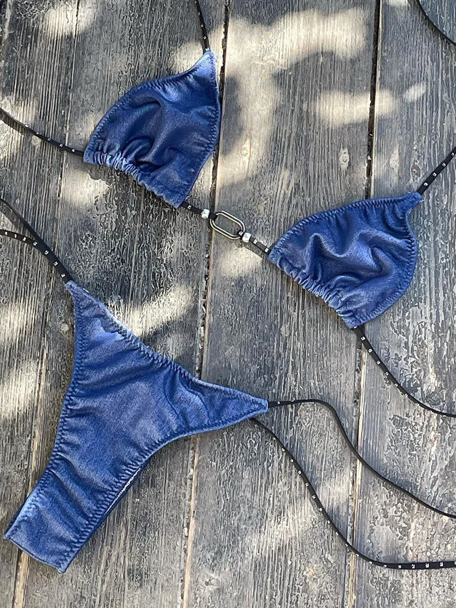 Sexy Triangle Bikini 2025 Women Blue Metal Chain Push Up Micro Swimsuit Summer Bathing Suit Tie Side Thong Swimwear Biquini