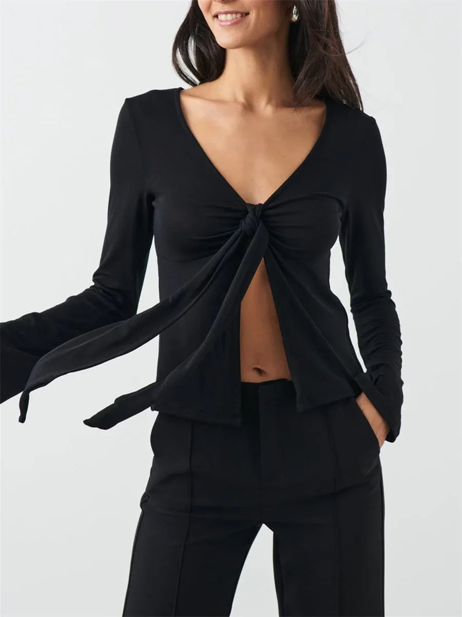 Women's Spring Summer Slimming Crop Tops Long Sleeve V Neck Tie Up Solid Color Trendy T-shirt