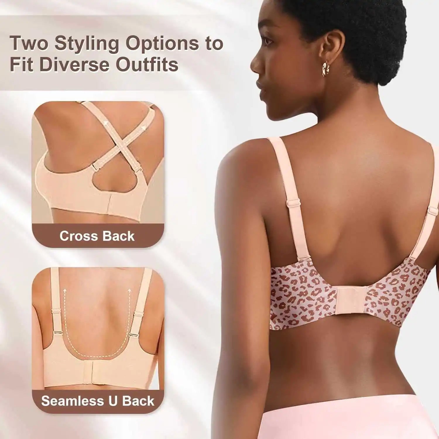 Women's Seamless Pink Leopard Print Bra Wire-Free Bra Full Cup Soft Thin Mold Support Breathable and Beauty Deep V Plus Up Bra