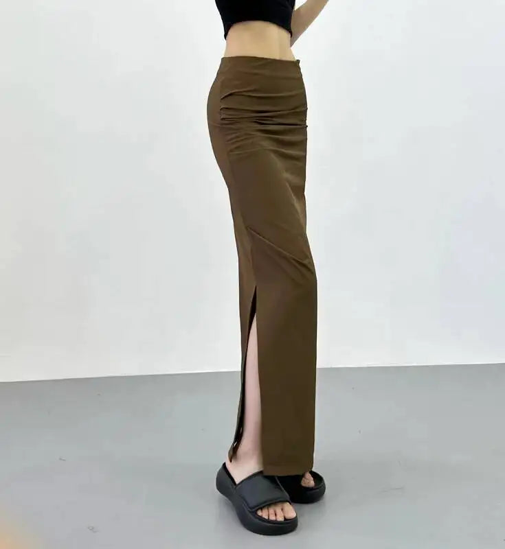 2026 New Pleated Side High Slit Half Length Skirt Women's Summer Spicy Girl Pure Desire Slim Wrap Hip Solid A-line Skirt 7MHN