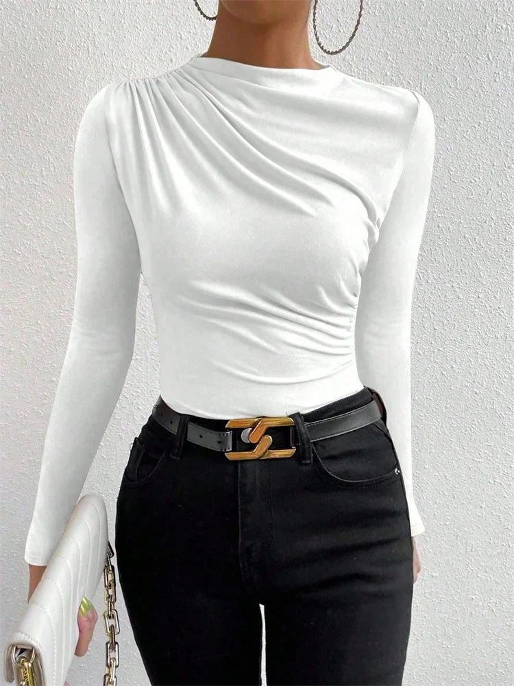 Casual Pleated Mock Neck Long Sleeve T-shirt for Women Autumn Winter Spring Solid Color Ruched Skinny Slim Fit Blouse Top Tshirt
