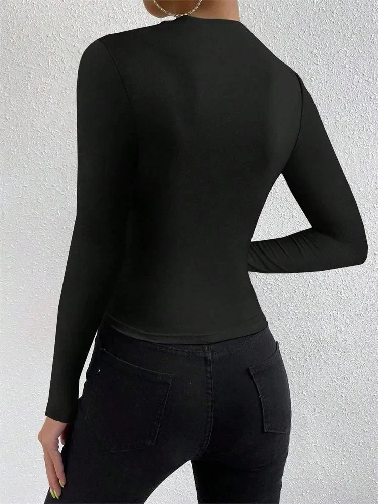 Casual Pleated Mock Neck Long Sleeve T-shirt for Women Autumn Winter Spring Solid Color Ruched Skinny Slim Fit Blouse Top Tshirt