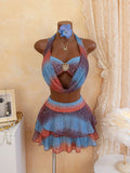 Sexy Blue Gradient Bikini Set 2026 Women Metal 3D Flower Push Up High Waist Pleate Skirt Swimsuit Holiday Bathing Suit Swimwear