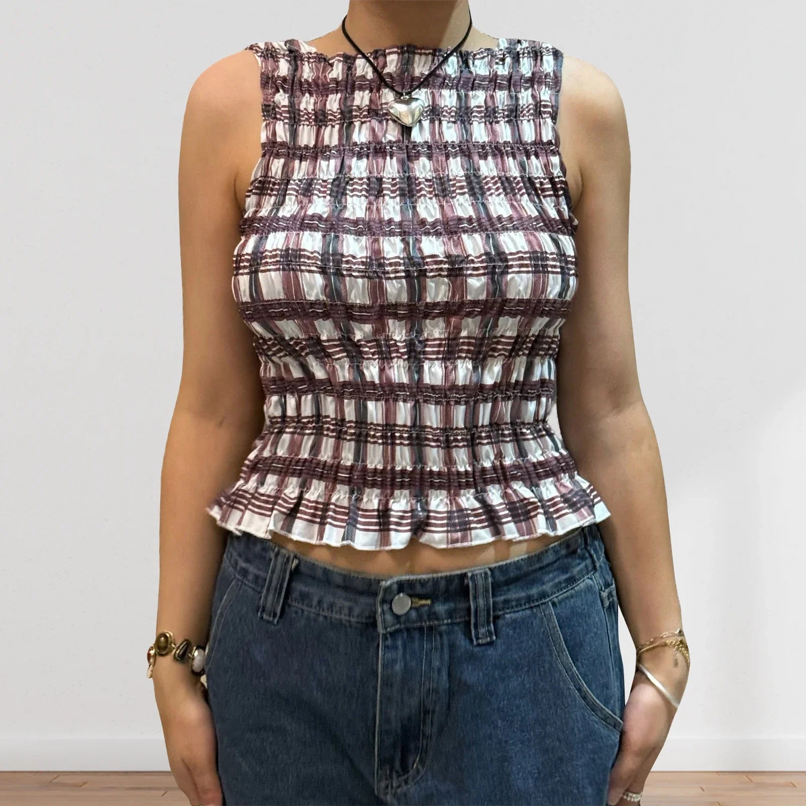 Women Summer Smock Tank Tops Casual Fashion Ruffle Hem Plaid Print Sleeveless Shirt Basic Vest Streetwear