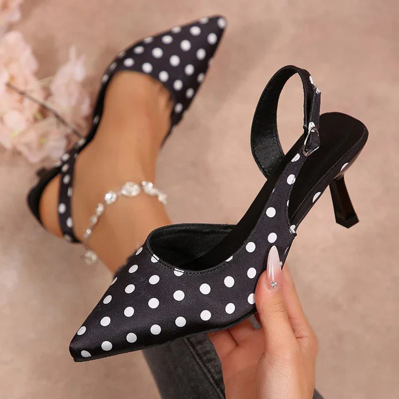 Vintage Polka Pot Pointed Toe Pumps Women Banquet Stiletto High Heel Shoes for Woman Adjustable Buckle Strap Chic Summer Shoes