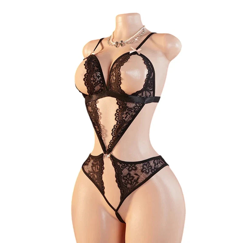 Teddy Transparent Lace Lingerie Deep V Open Bra Lingerie Women Erotic Exposed Breast Hot Dress Babydoll Open Croth Bodysuit Set