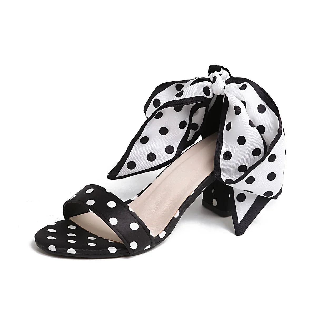 Vintage Black White Polka Dots Ankle Strap Sandals Women Summer 2026 Lace Up Bowknot High Heel Sandals Woman's Y2K 90S Shoes