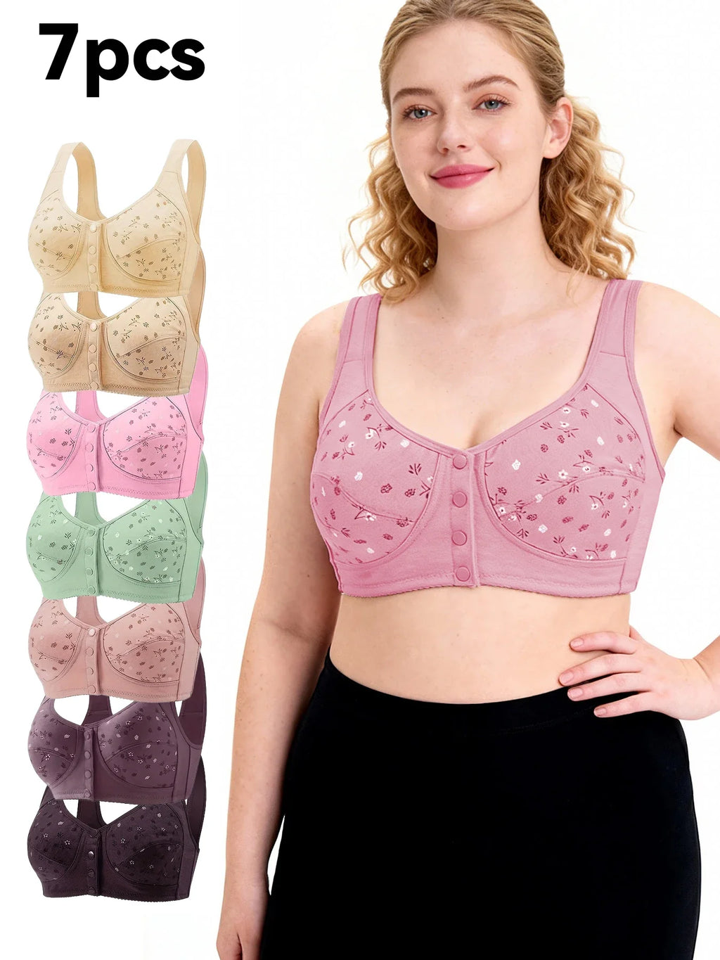 7pcs Elegant Lace Push Up Bras Set for Plus Size Women, Seamless Breathable Lace Bras, All-Day Wear, Multi-Occasion Lingerie