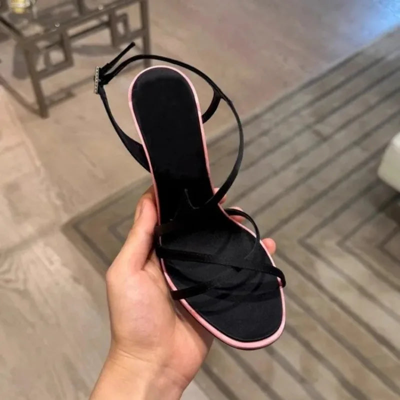 Satin Color Block Stiletto High Heels with One Belt 2025 New Summer Temperament Versatile Sandals