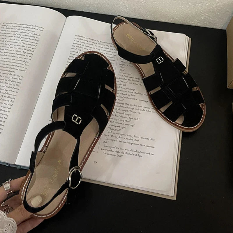 DIMANYU Women's Roman Sandals 2023 Summer New Flat Retro Real Leather Ladies Sandals Hollowed Women's Cage Shoes