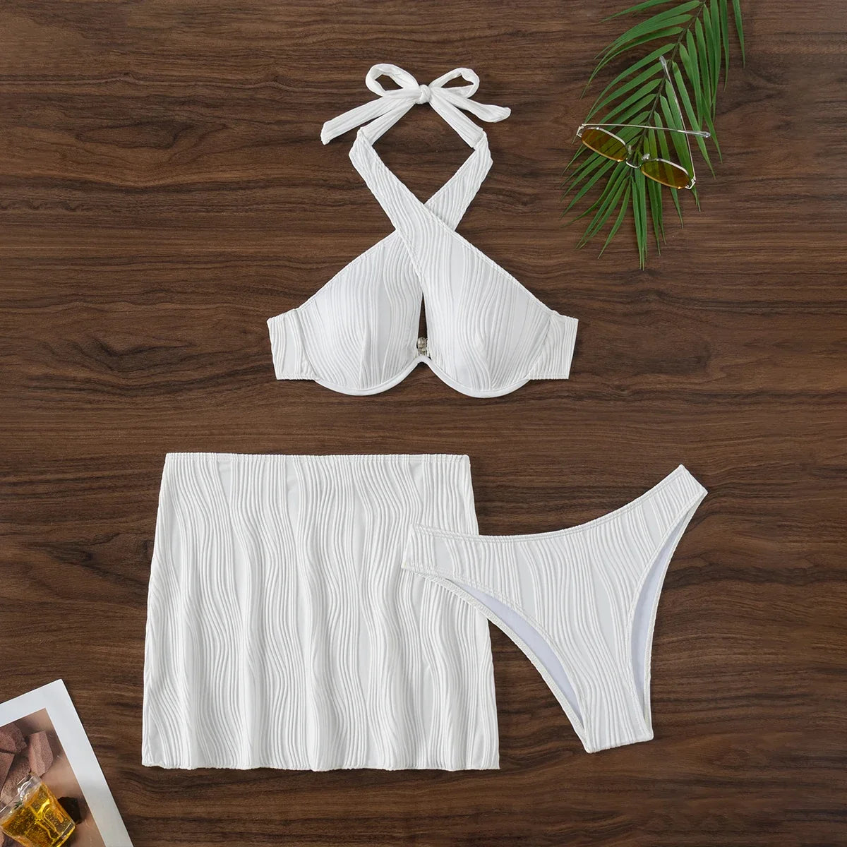 Sexy White Bikini 2025 Women Halter Cross Push Up Underwire Swimsuit Beach Bathing Suit High Waist Skirt 3 Pcs Swimwear Biquini