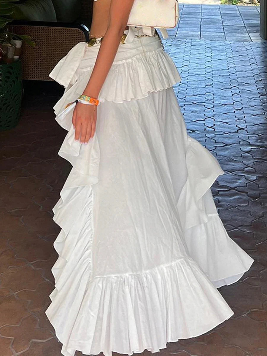 Women's Elastic Band Waist Flowy Skirt Irregular Ruffle Asymmetrical Midi White Boho Skirt Streetwear