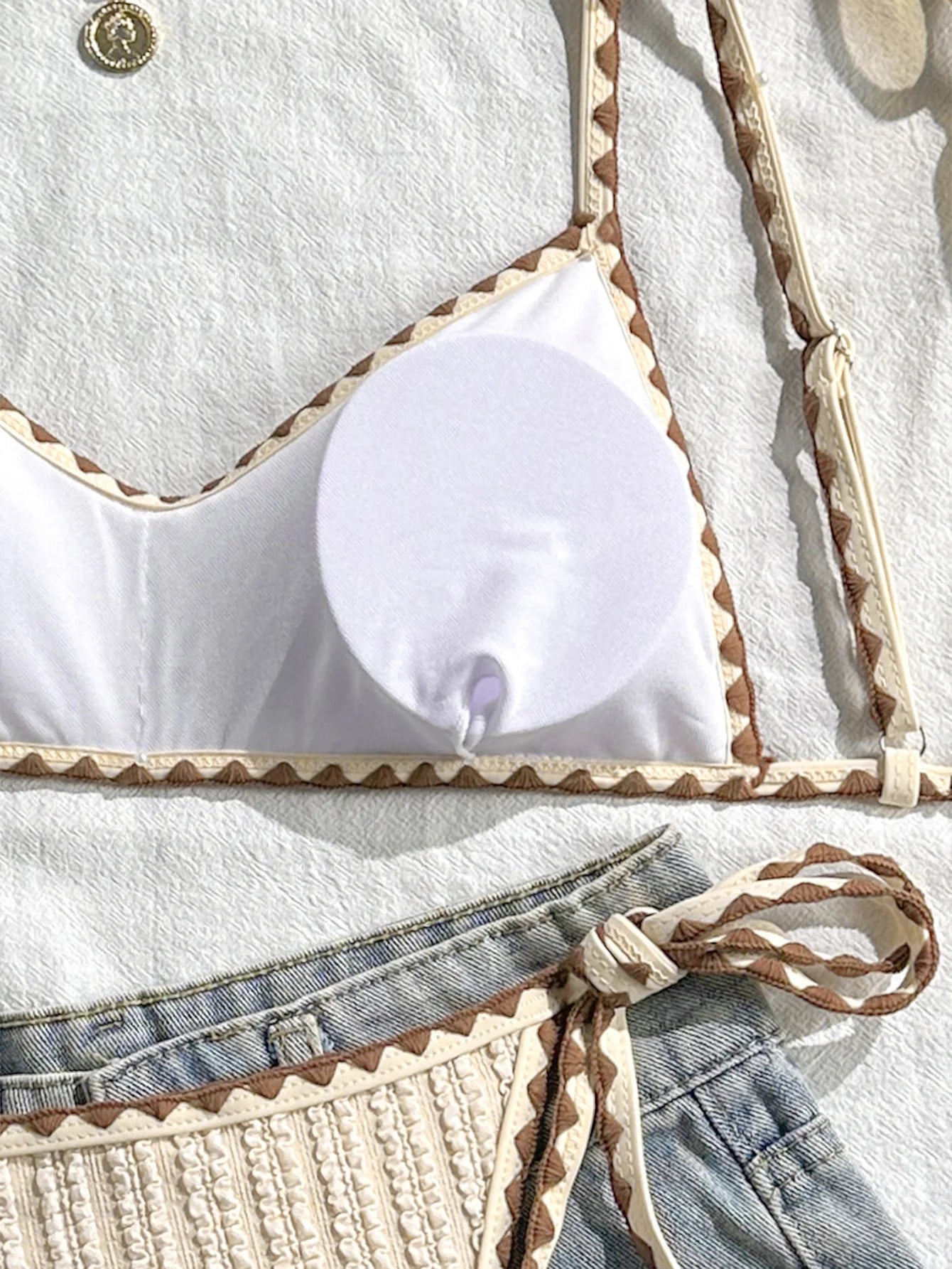 Sexy Triangle Bikini Set 2026 Women Beige Patchwork Pleate Push Up Bra Tie Side Thong Swimsuit Beach Bathing Suit Micro Swimwear