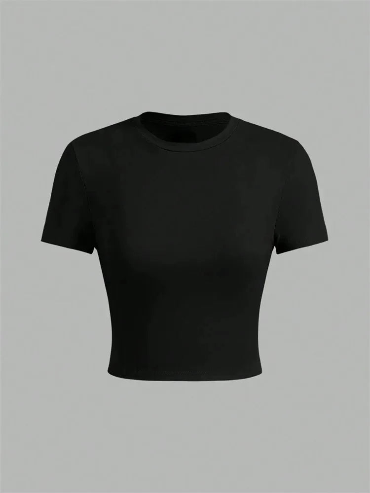 Solid Color Basic Cropped Tshirts for Women Casual Round Neck Short Sleeve Crop Top Summer Slim Fit Tee Shirt Streetwear